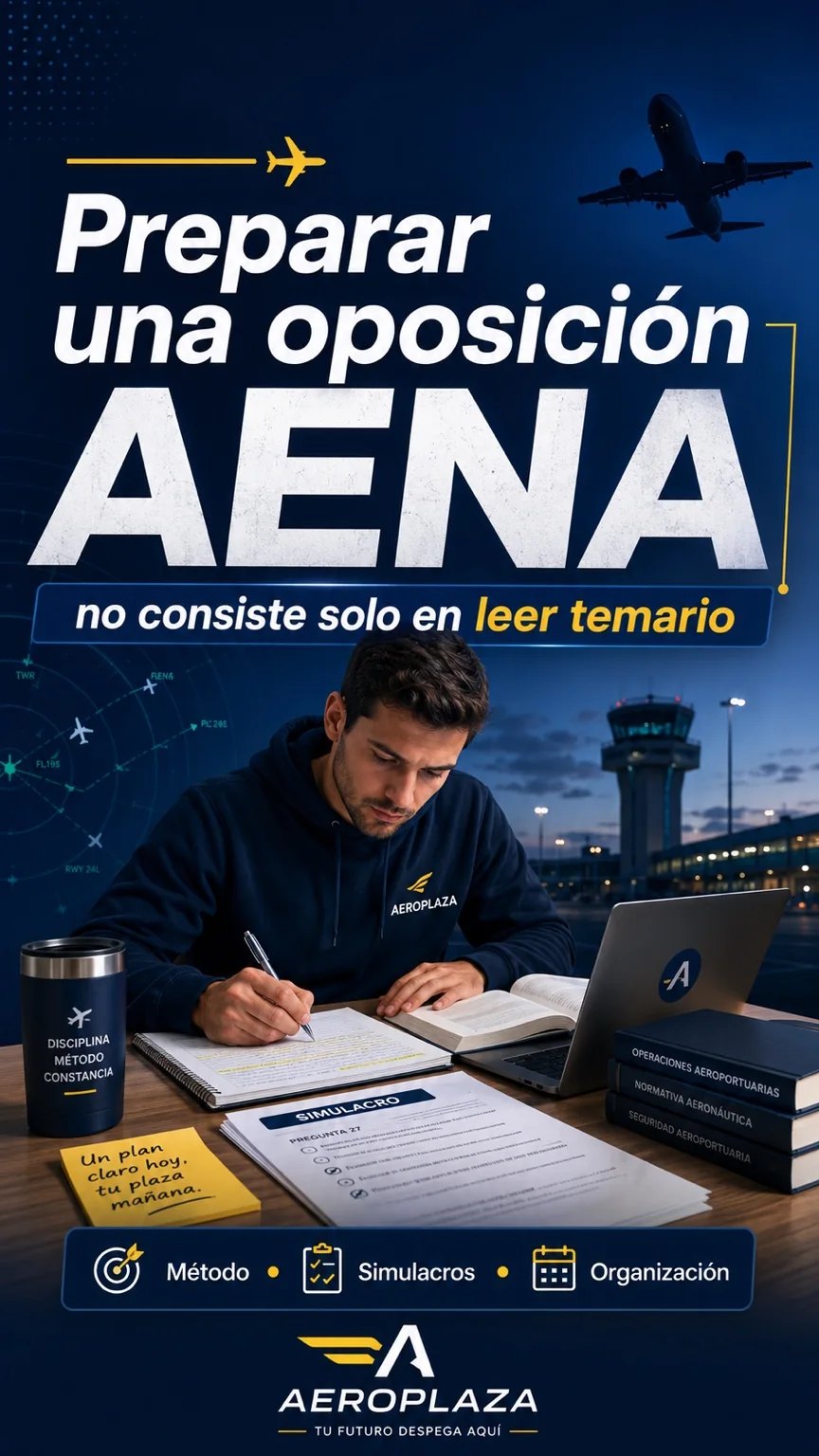 Estudiante preparando oposiciones AeroPlaza con torre de control aeroportuaria al fondo