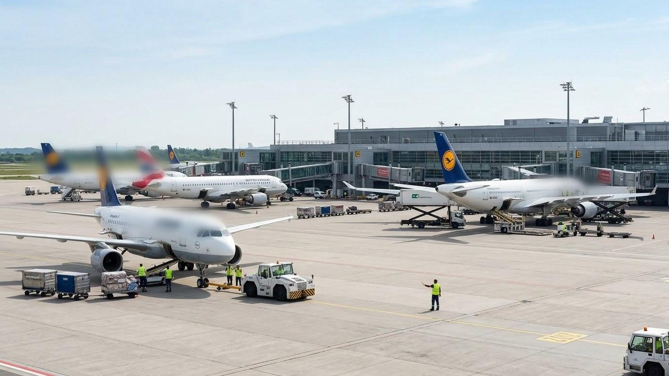 Aeronave estacionada en plataforma al atardecer con personal de tierra trabajando